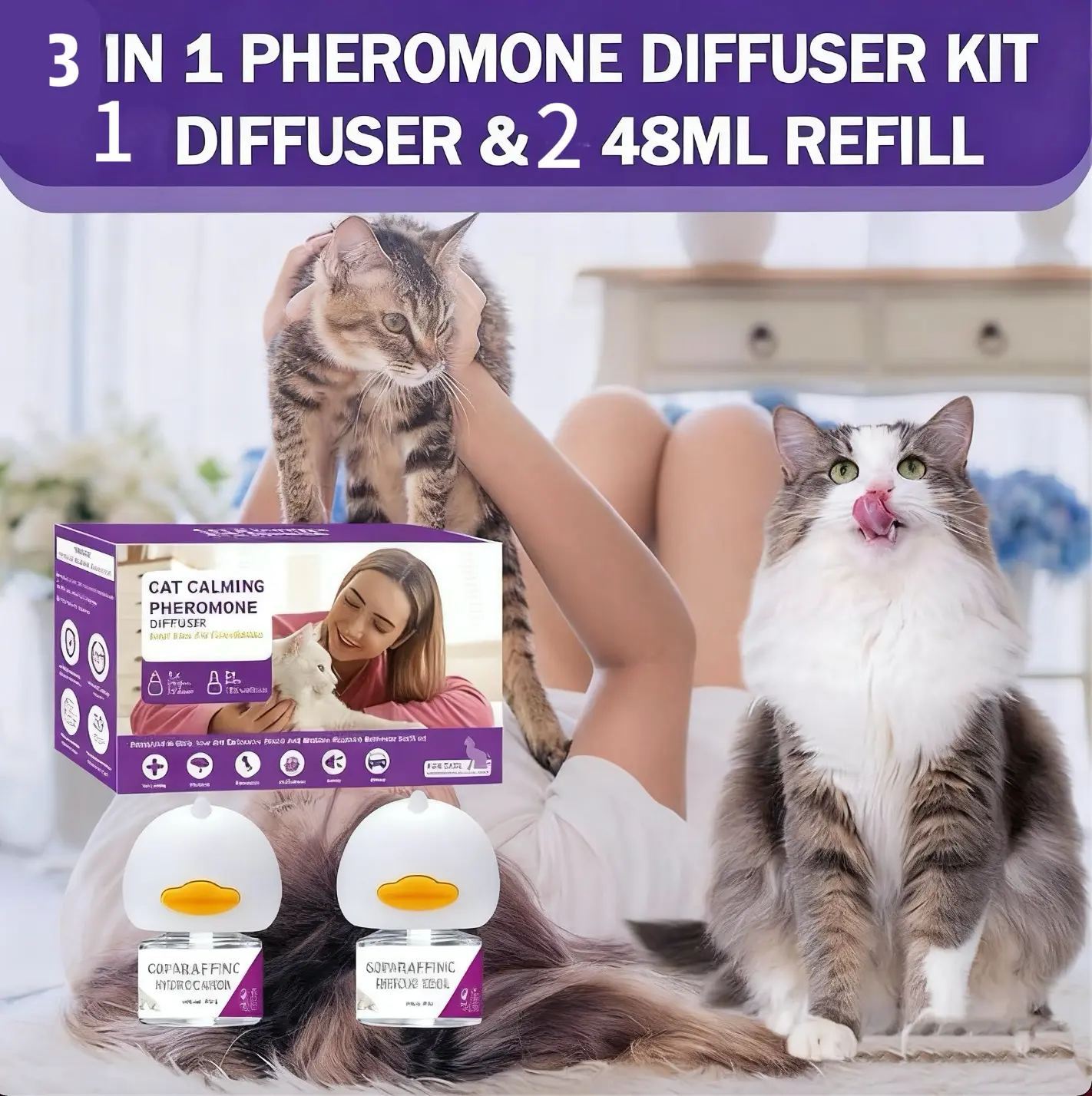 Cat Calming Diffuser 3 in 1 Multicat Calming Pheromones Diffusers Relief Stress Anxiety Fighting Scratching 30 Days Calm Relaxing Pheromone for Cats kit 48ml Refill Fits All Common Diffuser Plug In