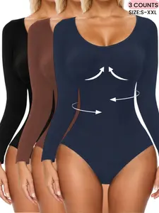 Women's Ribbed Light Abdomen Control Bodysuit, Long Sleeve Seamless T Shirt,Comfortable Scoop Neck Body Suit Stretchy Basic Tops, Fit Soft Elastic Fabric, Perfect For Daily Wear and  Going Out,Shapewear For All Seasons, Womenswear
