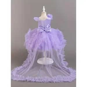 Girl's Detachable Train Wedding Princess Dress, Sequined Belt/One-Shoulder Tulle Party Dress--Birthday/Wedding/Performance Flower Girl Outfit for All Seasons