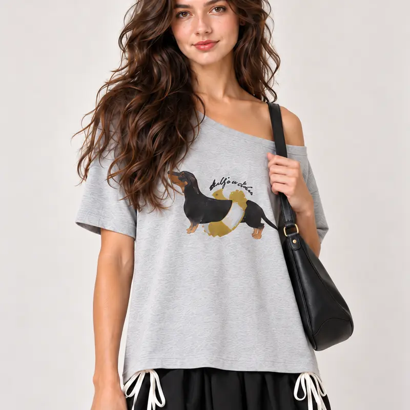 Aelfric Eden Women's Cute Oversized Dachshund Off-The-Shoulder Cotton Short-Sleeve Graphic Tee - Chic Retro Preppy Top for Casual Parties, Party