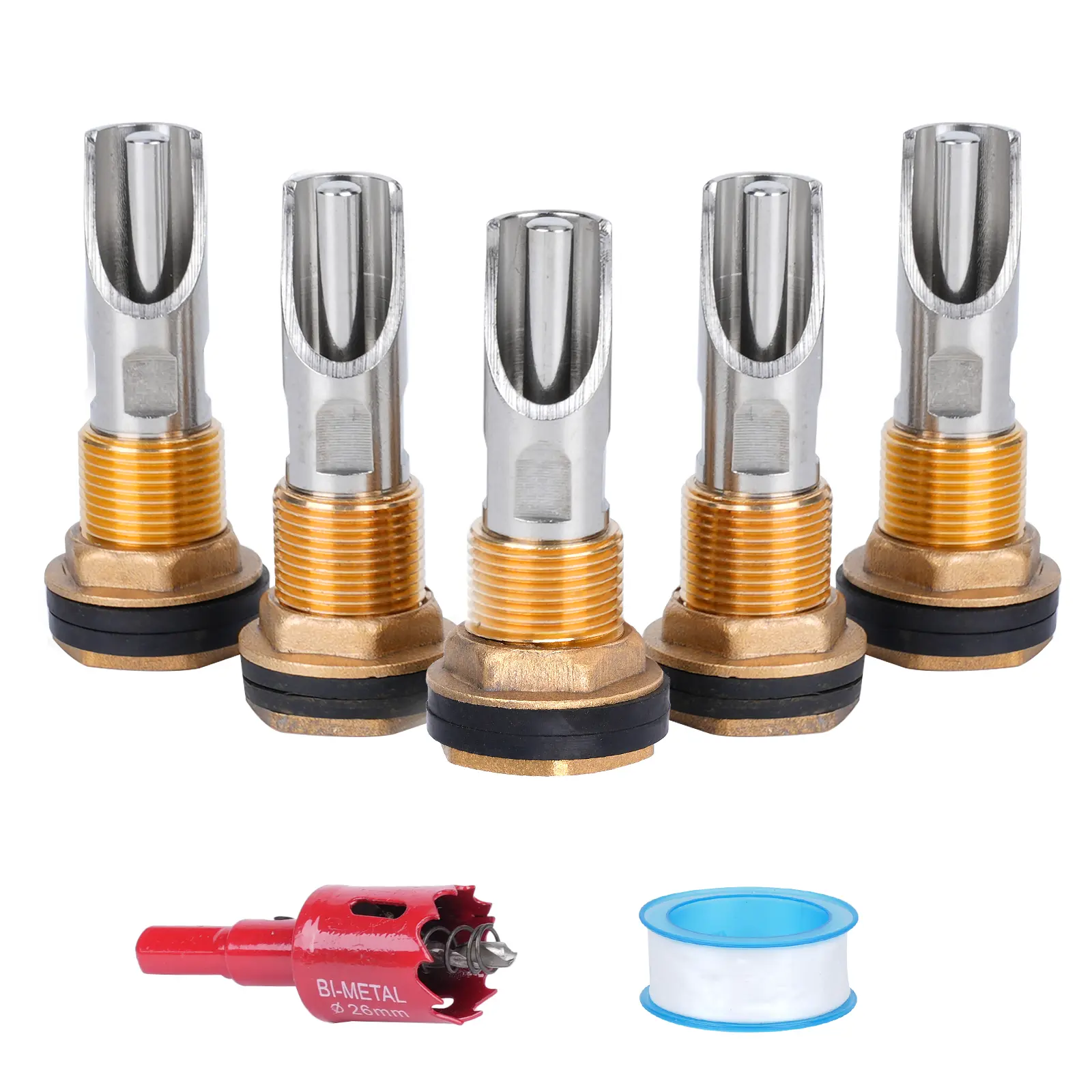 5 Pcs Stainless Steel Barrel-Shape Pig Nipple Water Feeder Kit Pack - Automatic Flow Feeding System with Hole Opener, Tape, Water-Saving Tool, Brass Connectors for Growing Pigs, Boars