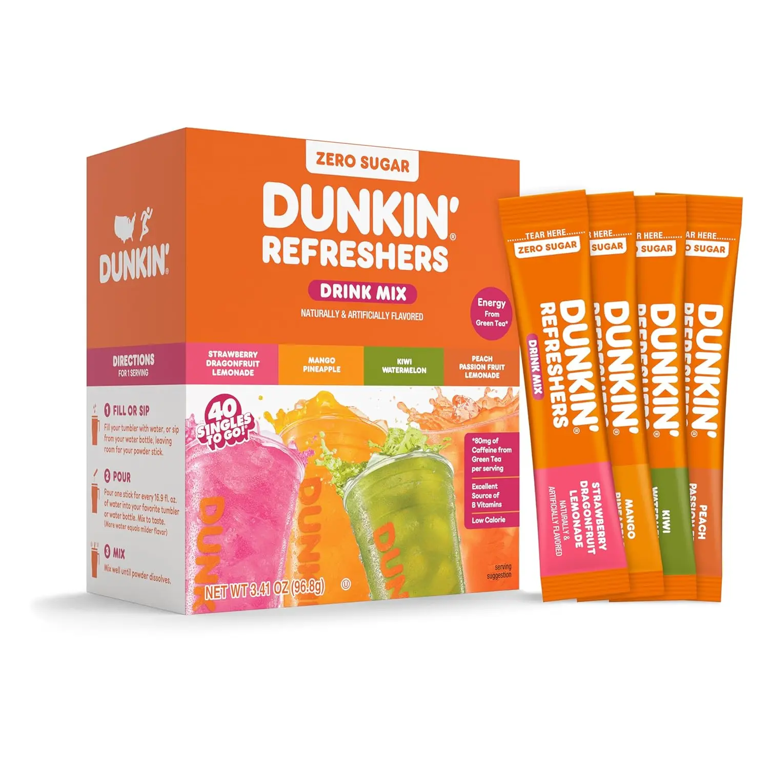 Singles To Go! Dunkin' Refreshers Green Tea Drink Mix Packets, 40 Count | Sugar Free, Loaded Tea Packets with Caffeine Energy from Green Tea, Aspartame-free, Just add water, Energy Drink Alternative
