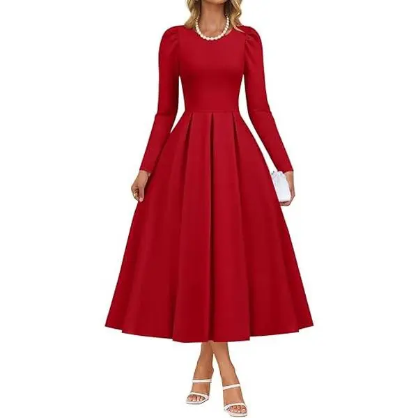 ZESICA Women's Fall Long Sleeve Wedding Guest Formal Midi Dress | Crewneck, High Waist, A Line, Swing Long Dress with Pockets, Elegant Cocktail Party Dresses, Fashion Winter Clothes