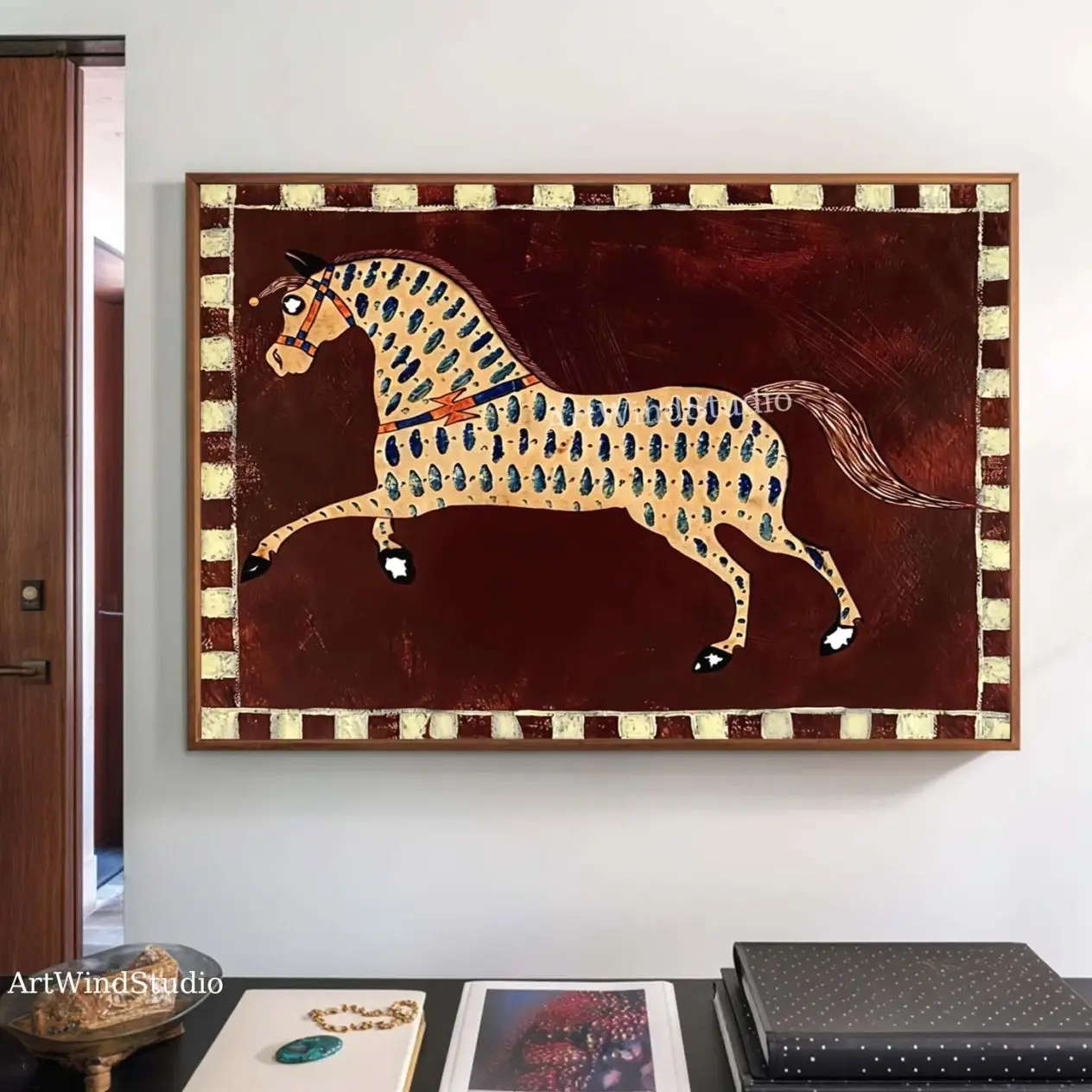 Vintage Horse Wall Art, Folk Art Oil Painting, Burgundy Textured Canvas, Equestrian Home Decor, Large Statement Artwork M
