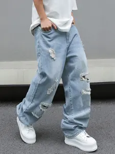 Men's Trendy Loose Fit Denim Jeans, American Vintage Ripped Casual Wide Leg Flared Jeans, Spring Summer 2026 Fashion