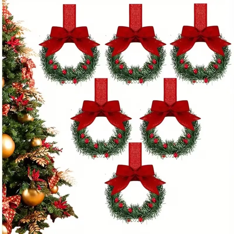 4pcs/6pcs Mini Festive Christmas Wreath Artificial Hanging with Bow, Greens and Berry Decor, Kitchen Cabinet Ornaments Decoration, Holiday Home Decor, Reusable Plastic Wreath