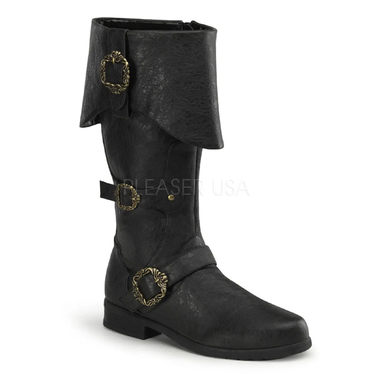 Men's Black Cuffed Knee-High Pirate Boots with Octopus Buckles, Side Zip, Footwear for Renaissance Costumes, Sizes S (Mns 8-9), L (Mns 12-13), Statement Shoes, Cuffed Design