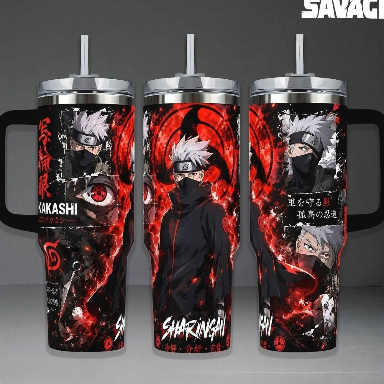 Kakashi Hatake "Sharingan" Tumbler, 20oz & 40oz Insulated Travel Mug with Handle. NRT Anime Art Cup, Intense Red Eye Ninja Design, Perfect Gift for Naruto Fans and Anime Collectors