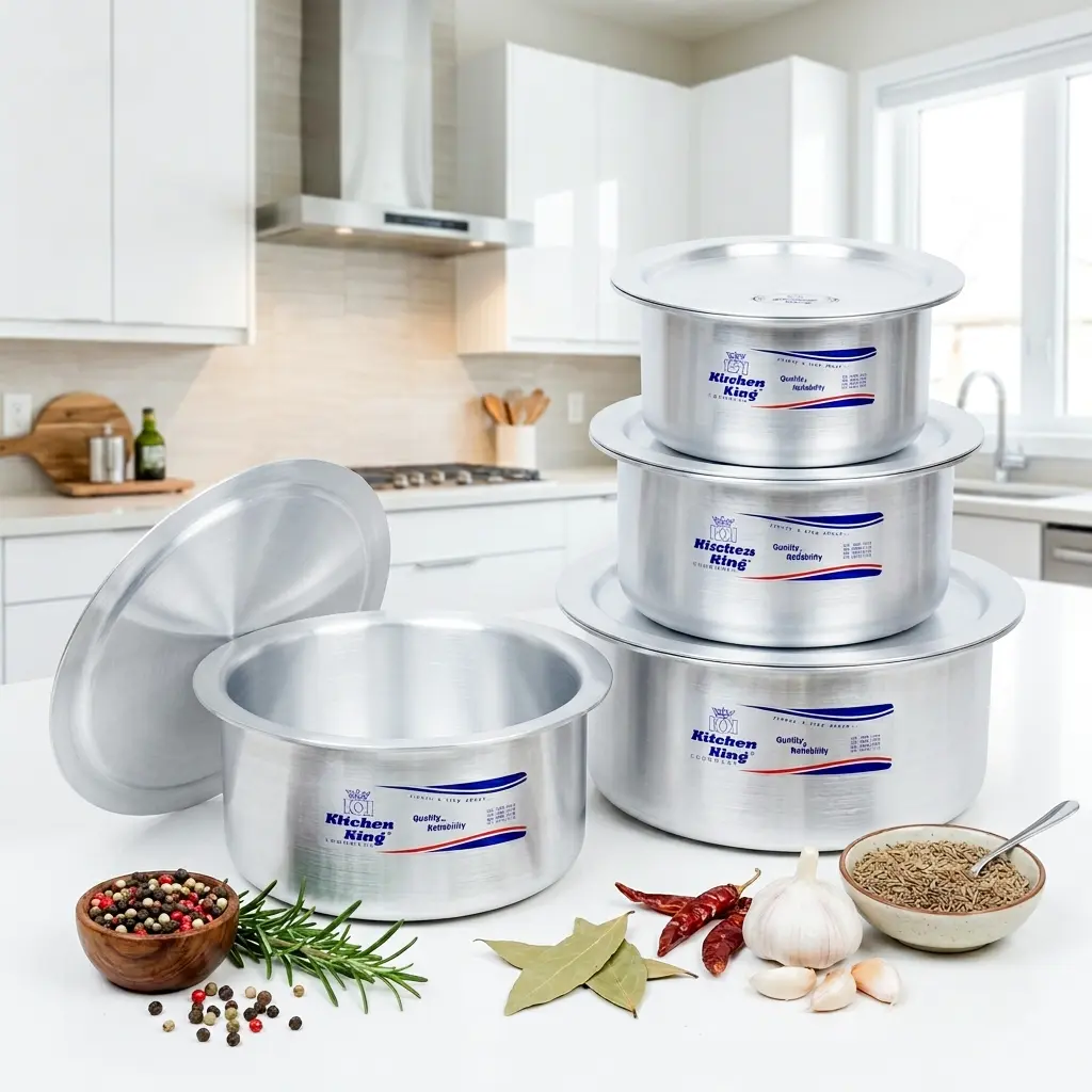 Kitchen King Indiana Casseroles Set 13-16 Inches 8 Pcs Modern Hygienic Cooking Pots Heavy Duty Aluminium Cookware for Gas & Electric Stovetops