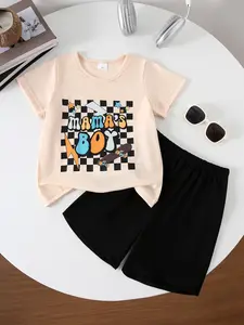 Mother's Day Boys' Set, Summer Casual Mama's Boy Letter Print Short Sleeve Tee + Simple Solid Shorts Two-Piece Set, Geometric Design