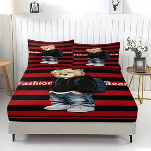 Fashionable bear pattern printed fitted sheet, including 1 sheet and 2 pillowcases, anti-slip and dustproof cover, suitable for bedrooms and guest rooms, perfect for personal use or as a gift