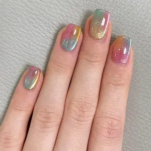 CurvLife Pastel Rainbow Glow Press-On Nails | 24pcs Short Square Shimmer Gradient | Jelly Sheer Multicolor Ombre, Soft Comfortable Fit, Easy 5-Minute Application, Durable & Reusable with Adhesive Tabs & Nail File