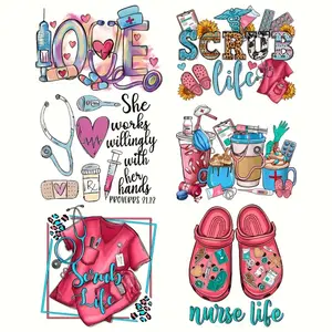 6 Pack Nurse Life Heat Transfer Vinyl Stickers Stethoscope Surgical Cap Design Heart Washable HTV Patches for Clothing Hats Pillows Backpacks Pink Reusable DIY Craft Supplies for Personal Commercial Project