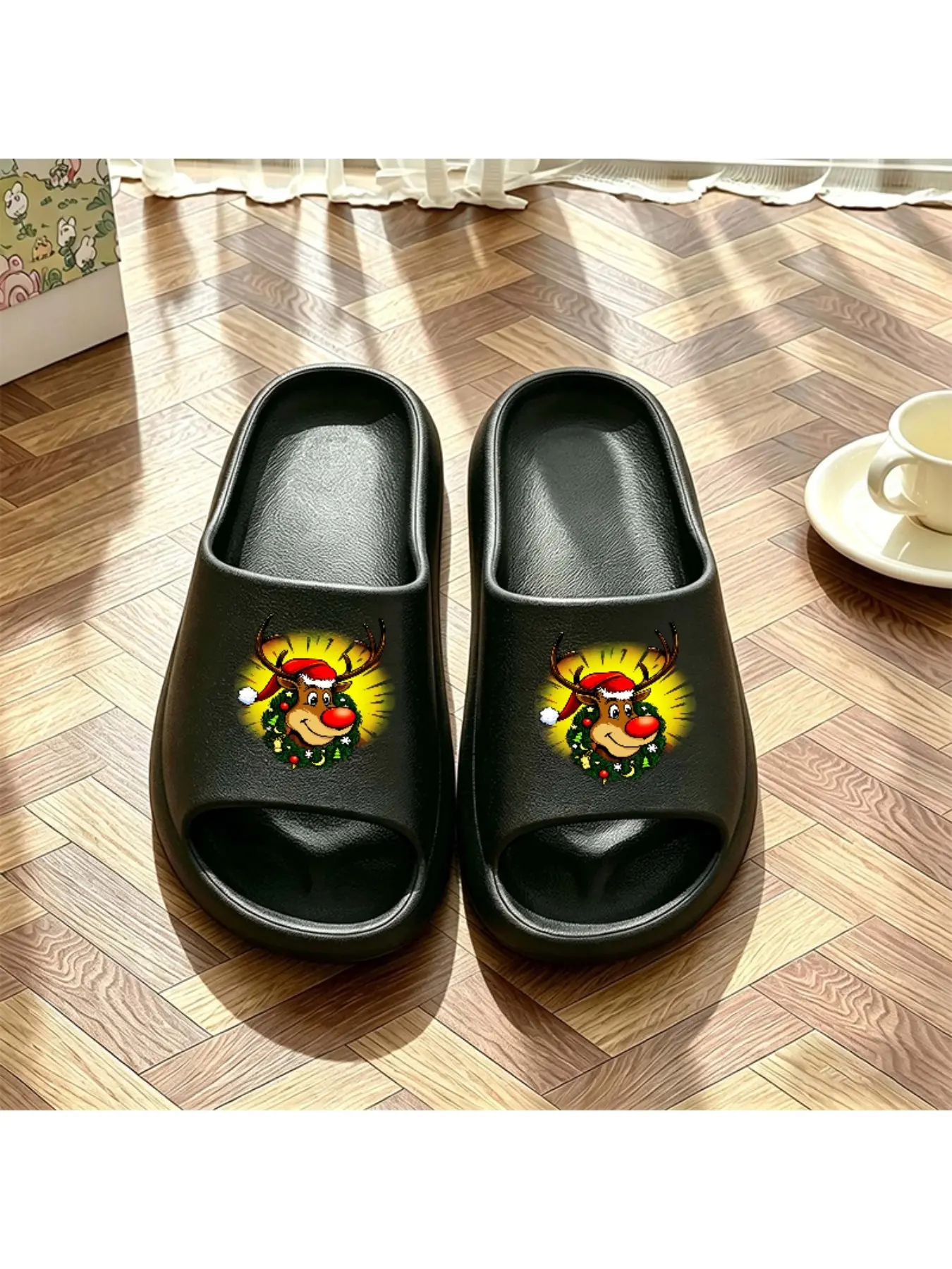 Women's Christmas Reindeer Print Slippers, Soft Eva Sole, Non-Slip Quiet Indoor/outdoor Shoes, Casual All-Season Footwear