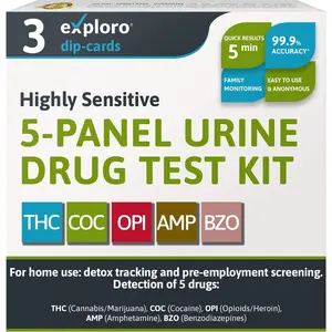 5 Panel Drug Test Kit – At Home Urine Drug Test for THC, Cocaine, Opiates, Amphetamines & Benzodiazepines – Rapid & Accurate & Easy At Home Drug Testing Strips (Pack of 3)