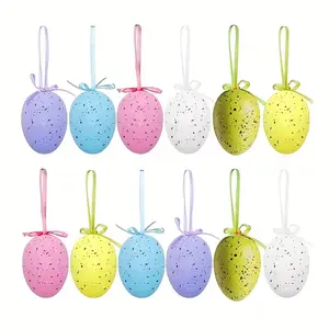 12pcs Pack Plastic Easter Eggs, Colorful Dotted Oval Eggs for Easter Basket Fillers, Hanging Egg Decorations, Spring Party Favors, Tree Ornaments, Party Decoration Supplies