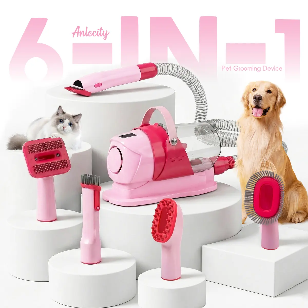 6-in-1 Pet Grooming Vacuum Kit for Dogs & Cats - 3L Dust Cup, Low Noise Trimmer with Guide Combs, 5-in-1 Brush, Hair Removal, Shed Control for Home Use,toolupgrade