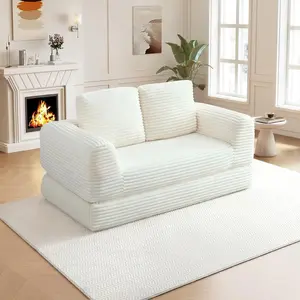 63" Loveseat Sofa, 2-in-1 Folding Convertible Sofa Bed, Modern Corduroy Sleeper Couch with 2*Pillows, Futon Modular Upholstered Boneless Loveseat with Pull-Out Bed,Folding Floor Modular Couch for Living Room, Beige