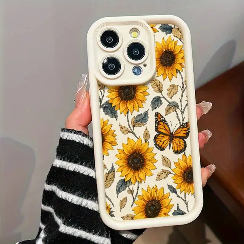 Sunflower & Butterfly Floral TPU Silicone Case - Waterproof, Shockproof, Durable Soft Cover with Lens Protection, 2D Printing, Valentine's Day Gift for iPhone 17 Pro Max,16,16e,15,14 Plus,13,12 Mini,11,Air,X,XS & Various iPhones Mobile Accessory