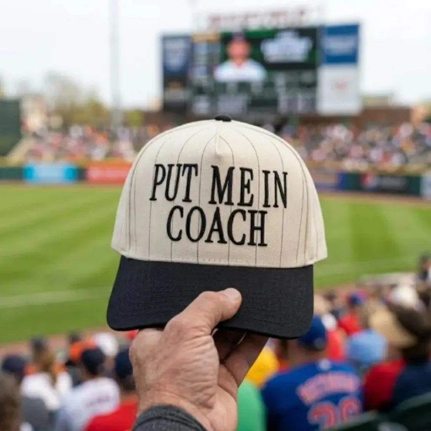 Put Me In Coach Embroidered Baseball Cap, 3D Pinstripe Hat Game Day Outfit, Gif For Sport Lovers
