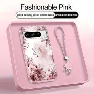 Rose Floral Art 26 letter Phone Case, Suitable for [Google Pixel 8 Pro] high-end women's, Lanyard a beautiful four-leaf clover lanyard is included🍀 952