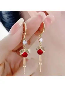 A pair of new high-end design long tassel earrings, exquisite red bead studded with diamonds and leaves earrings, a must-have item for fashionable ladies, perfect for daily wear, commuting, and gatherings - ideal gift men's earrings