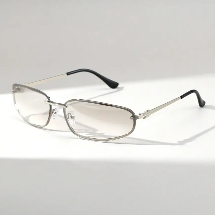 Women's Y2K Slim Narrow Oval Sunglasses, Thin Polished Metal Frame, Gradient Clear Brown Lenses, Embossed Text Temples, UV400 Protection, Daily Street Use, Multiple Color Options