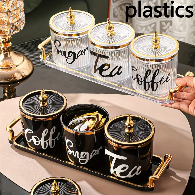 Nordic-Inspired Polystyrene Serving Tray Set with Cream Yellow Decals & Black English Tin Canisters - Multiple Daily Home Supplies, Canisters for Kitchen Counter Storage, Plastic