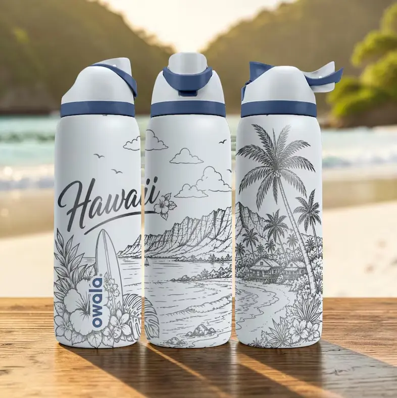 Owala FreeSip 32oz Hawaii Tropical Engraved Water Bottle | Island Beach Design Stainless Steel Vacuum Insulated Travel Bottle | Ocean Theme Drinkware with Straw Lid