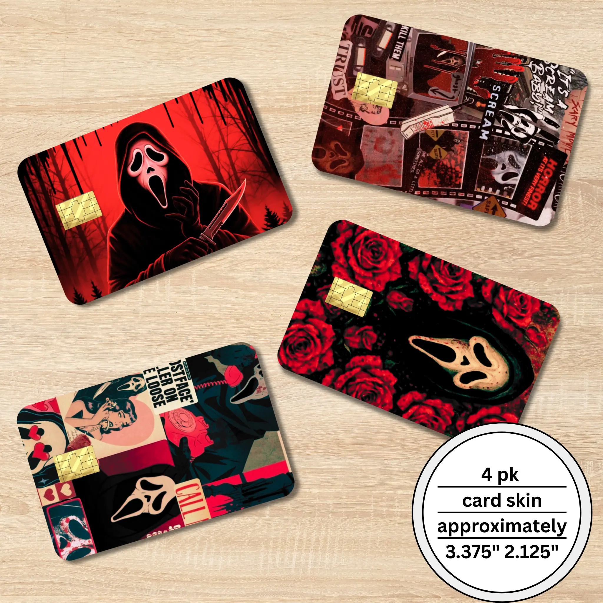 Handmade Ghostface Roses Holographic Card Stickers - 3.375" x 2.125" Horror Card Skins, Waterproof Vinyl Office Stationery, Scratch-Resistant, Removable, No Sticky Residue, Easy Peel & Stick, Premium Quality, Fun Way to Switch Up Wallet