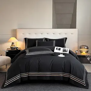 3pcs Embroidered Bedding Set, Hotel Black White Duvet cover and 2Pcs Pillowcases, 120g Brushed Fabric, Chic Model Bedding set, Modern Bedding Set for all seasons Machine wash