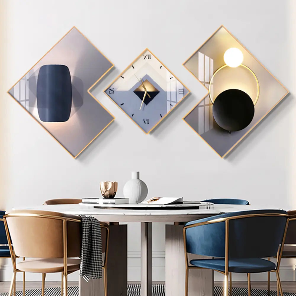 Homary 3-Pcs Square Modern Abstract Silent Aluminium Analog Wall Clock Set - Gold-Frame Canvas Artwork, Decorative Clock, Hanging Home Supplies for Living Room Entryway Decor