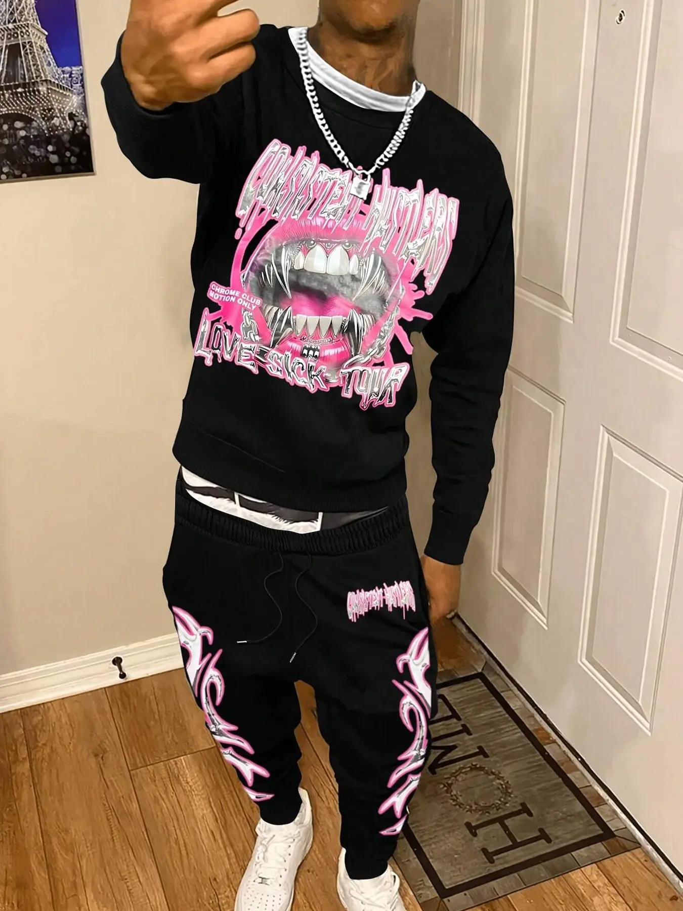Men's Graphic Print Knit Long Sleeve Sweatshirt & Pants Set, Matching Sweat Set, Casual Fitted Design, Comfortable Spring & Fall, Stylish Daily Wear Outfit Clothes