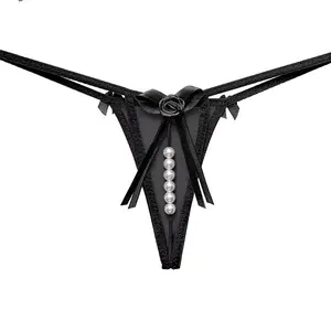 bloomity Women's Soft Comfortable Breathable Pearl Lace Thong, Elegant Sexy Lingerie with Bow-Rose Accents, Stretch Fabric Elegant Soft Panties