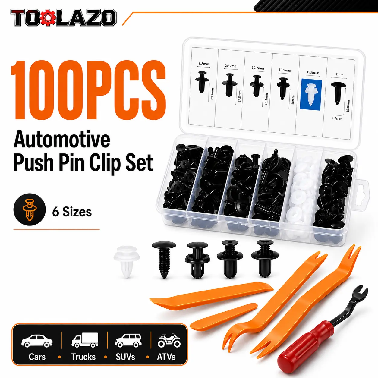 100-Piece Car Clips Kit - Push-In Type Nylon Bumper Retainer Clips with 6 Popular Sizes for Panel Retention, Door Panels & Fender Liners Repair, Vehicle Accessories Compatible with Cars/SUVs/ATVs, Trim Repair