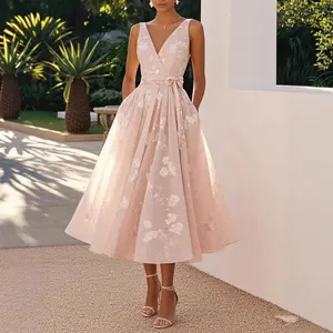 Banquet Evening  Sleeveless Vest V-Neck Digital Print  Elegant Red Off-Shoulder A-Line 3D Flower Embroidered Bodycon Dress Cowl Maxi ant dress prom