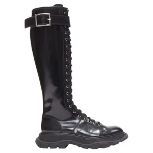 Pre-owned Alexander McQueen Women's Alexander McQueen Tread leather lace up combat knitee high boot by Rebag