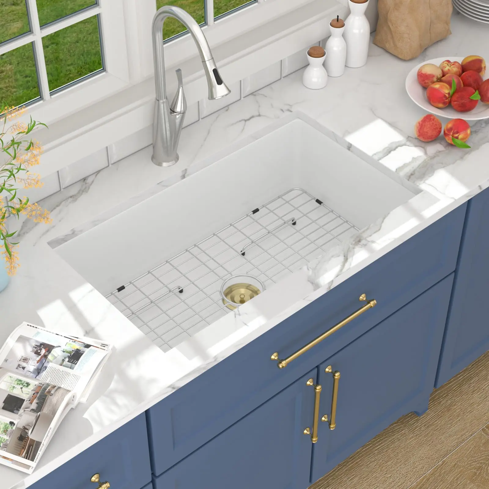 Lordear 32-Inch White Undermount Modern Ceramic Kitchen Sink, Non-Porous Surface Spacious 10" Deep Single Bowl Rectangle Basin (32x19x10 in) with Basket Strainer, Dish Grid, Easy-to-Clean