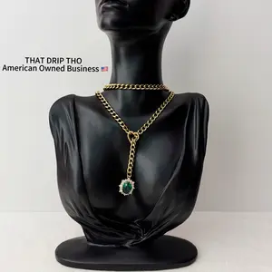 Oval Gem Slip Chain Jewelry Necklace, Adjustable Durable Thick Chain for Couples, Gf, Bf, Fashion Jewelry for Alternative Women & Men, Gothic Girl Chain Daily Collar, Altfashion Necklace with Pull Chain