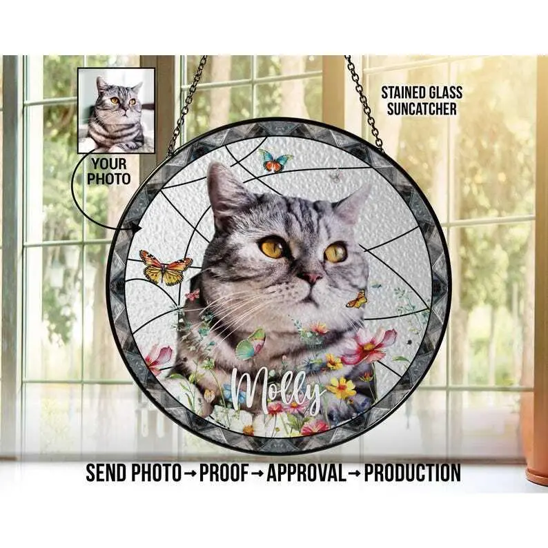 Custom Glass Pet Portrait Suncatcher – Personalized Stained Glass Memorial Gift for Dogs & Cats, Pet Keepsake, Memorial Decor, Pet Tribute