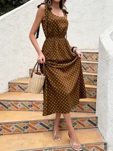 Summer French Romantic Bottom Polka Dot Dress, Adjustable Straps, Waist Cinched, Draped Fabric, Elegant Long Dress