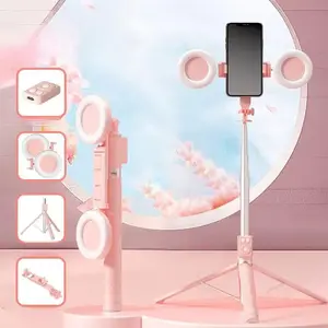 Multifunctional Selfie Stick Retractable Phone Tripod with Dual Beauty Fill Lights Travel Tripod Selfie Stick with BT Remote Control for Live Streaming Vlog Photography