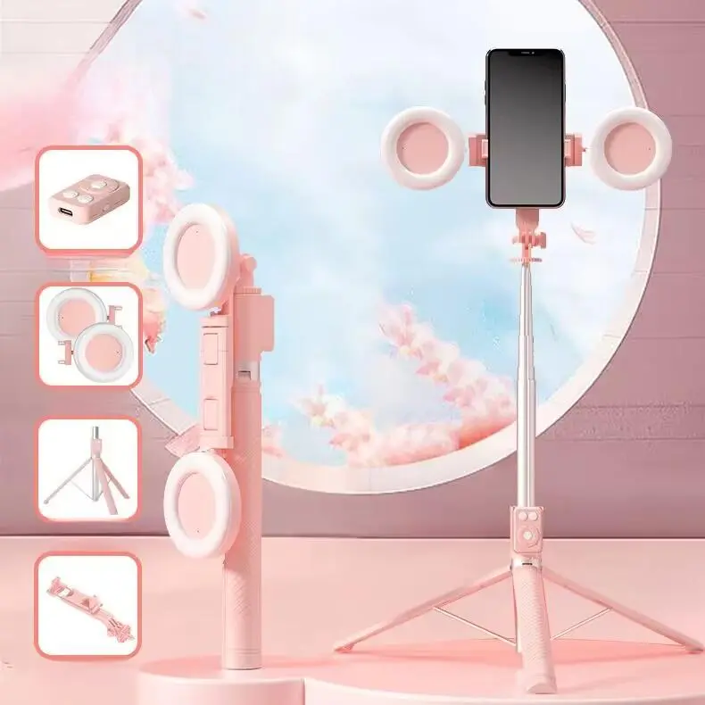 Multifunctional Selfie Stick Retractable Phone Tripod with Dual Beauty Fill Lights Travel Tripod Selfie Stick with BT Remote Control for Live Streaming Vlog Photography