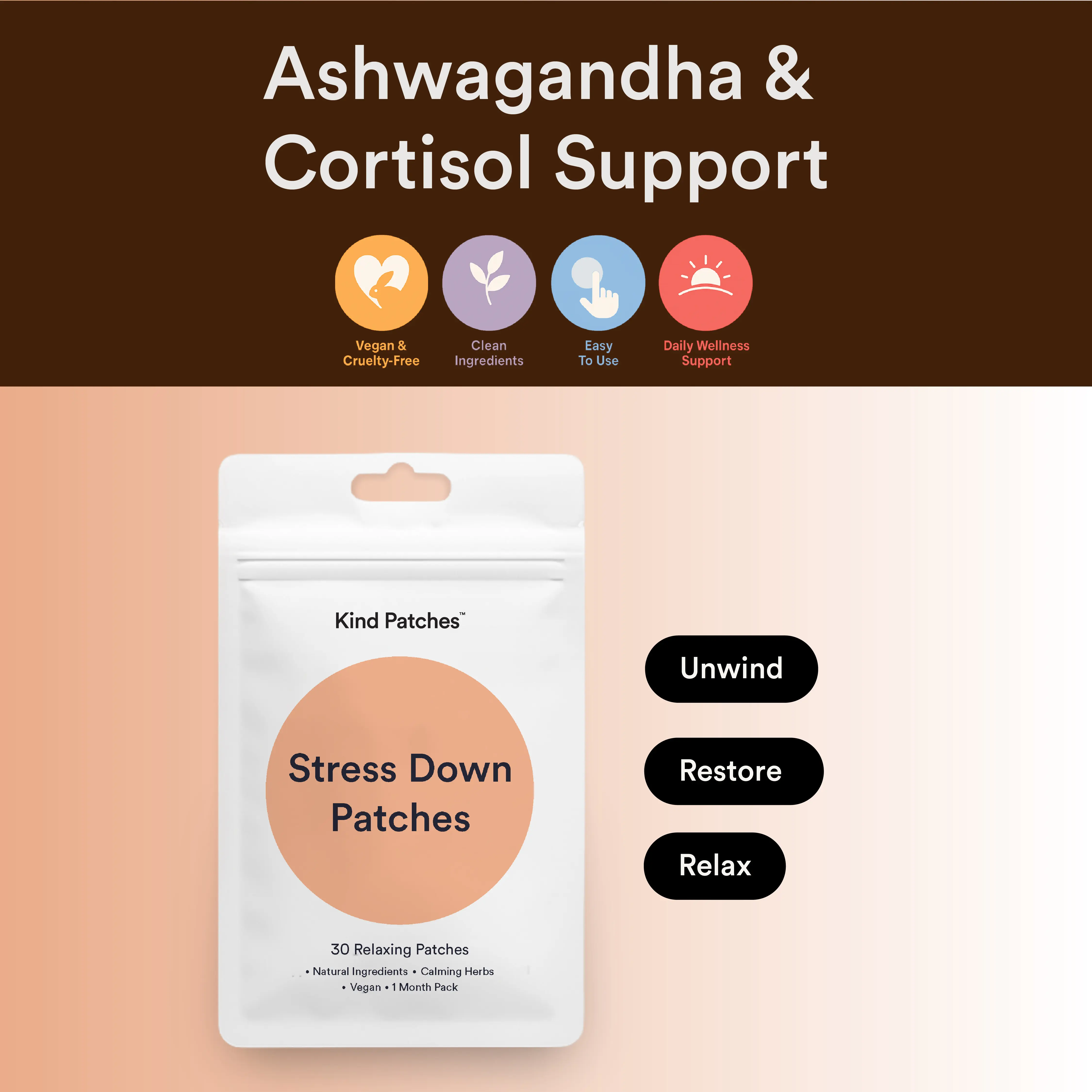 Kind Patches | Stress Down Patches | 30 Ashwagandha patches: cortisol support, natural ingredients, calming herbs, vegan, 1 month pack
