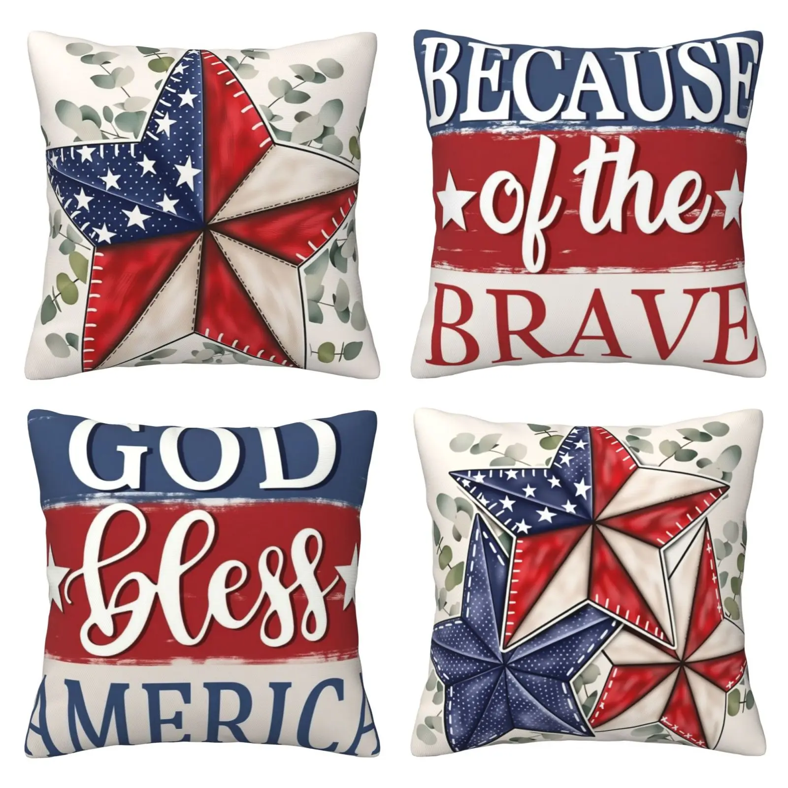July 4th Pillowcase, God Bless America, Brave Star Spangled Banner Decorative Pillow, Patriotic Decoration, Independence Day Home Decoration, 4-piece Set with Double sided Printing, Home Textile
