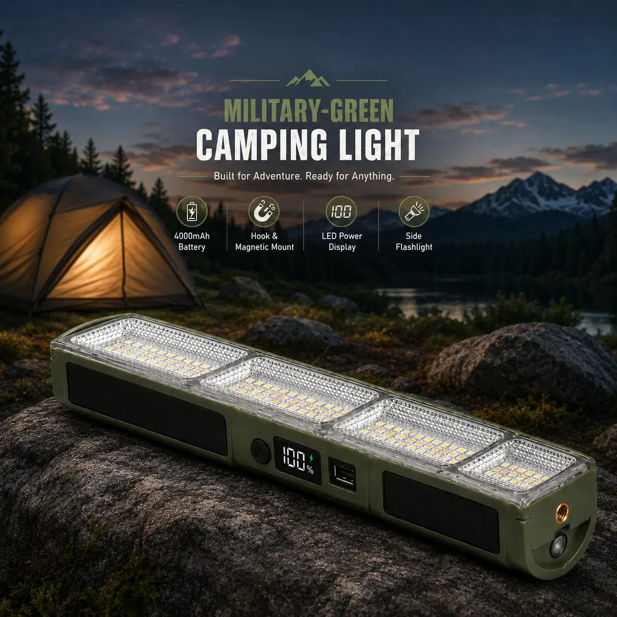 168-LED Solar Rechargeable Camping Light, 47-in Adjustable Tripod Stand, 4000mAh Magnetic Work Light with USB Power Bank, Battery Display & 4mode brightness for Camping, Cars, Workshops, Outdoor Patio