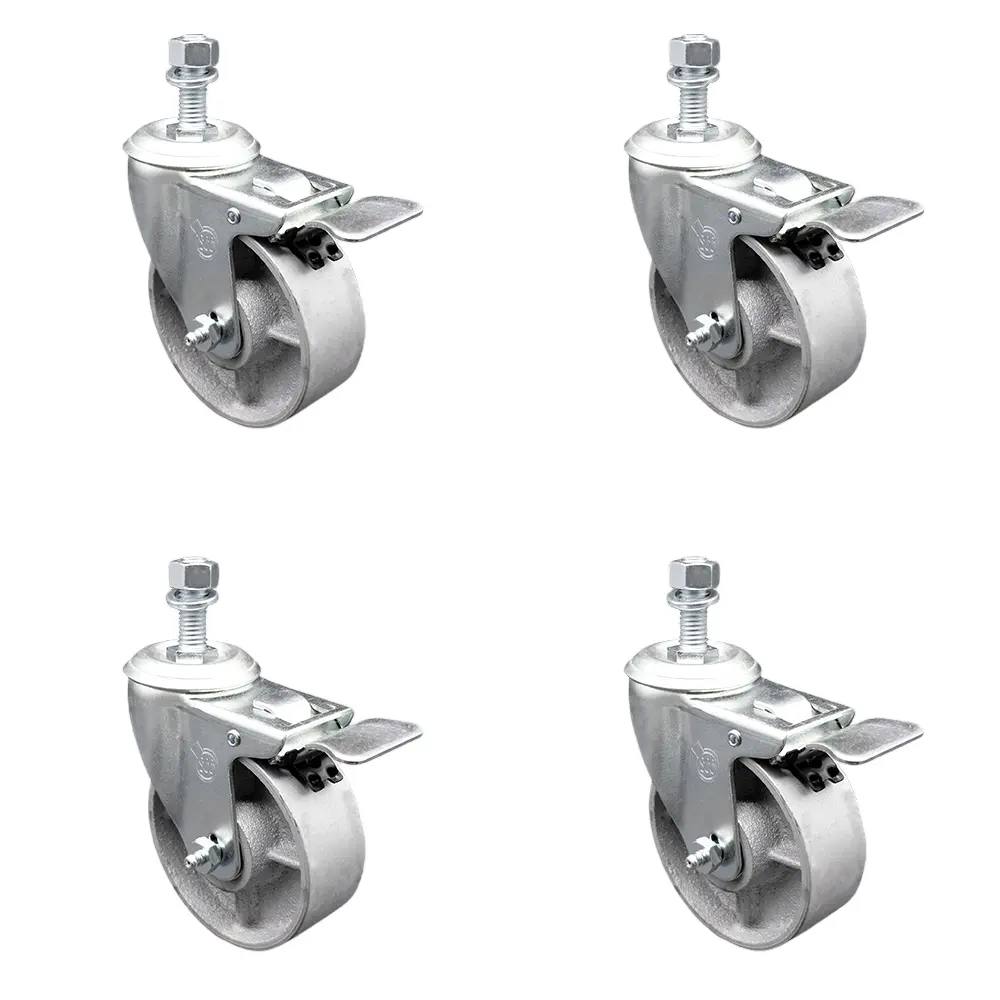 Service Caster SCC-TSTTL20S415-SSR-381615-4 Semi Steel Cast Iron Swivel Threaded Stem Caster with Roller Bearing, 4 x 1.5 in. Silver Wheels & 0.38 in. Stems - Set of 4, Abrasion Res., Stem Mount, Swivel Type