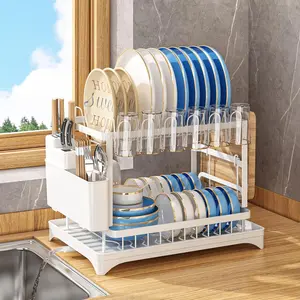 Double dish rack, 2 Tier Large Dish Drying Rack for Kitchen Counter with Drainboard Stainless Steel Dish Drainer for Dish/Knifes/Cup/Cutting Board,top rack is removable,Different sizes of cutlery can be placed Organiser,Kitchen Accessories,Home Decor
