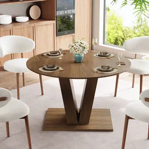 Azaeahom 47.2in Round Dining Table with Marble Top, Deformed Table for 4-6 People, Modern Kitchen Table with V Shaped Wood Base for Living Room and Dining Room, Walnut