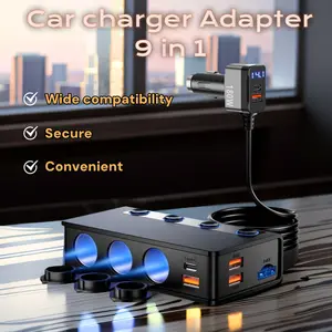9-in-1 Car Charger Adapter with 180W Power Output, PD 65W and QC 3.0 Fast Charging Station for Laptop and Smartphones, 3-Socket Power Splitter with Independent Switches, LED Voltage Display for Dash Cam and GPS, Professional Auto Accessory, Black